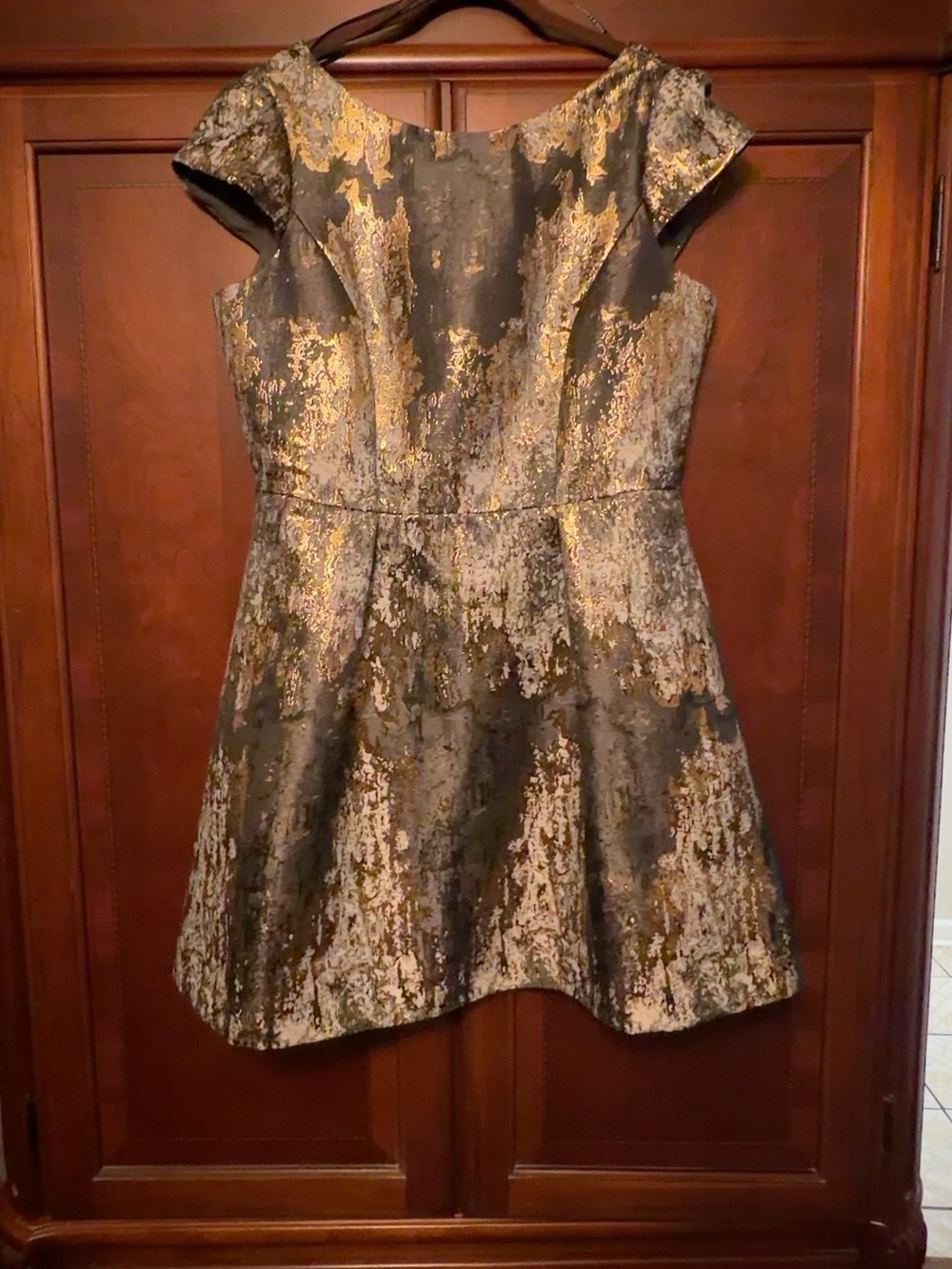 Vince Camuto Black and Gold Metallic Brocade Mini Dress